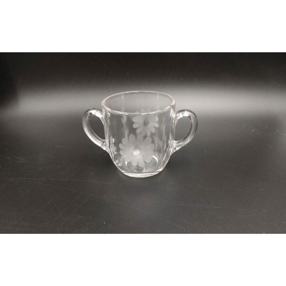 Vintage Clear Etched Daisy Leaf Floral Open Sugar Bowl Glowy Glass Glows 2.5"